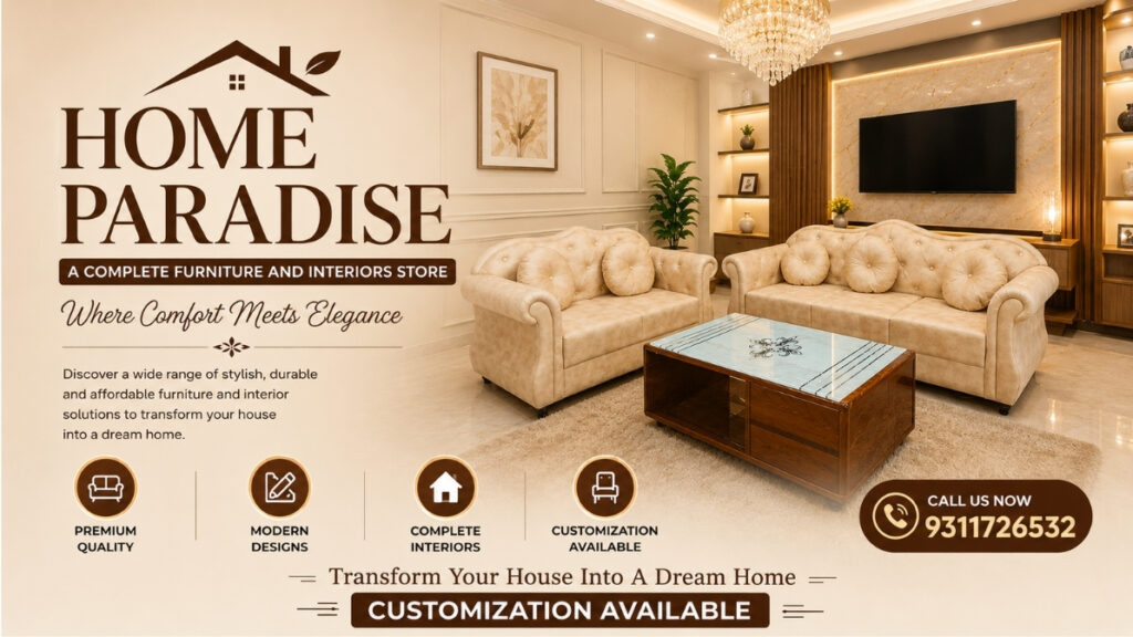 ✨Treat your home with royal appearance and luxurious coziness only with Home Paradise! ✨ If you have a taste to make your living room look spectacular and premium, where style, comfort and elegance collides, then Home Paradise presents to you a Gorgeous and Premium Sofa Set Collection. This beautiful cream modern sofa set will make your home even more beautiful and immediately capture the attention of each visitor that enters. And with the classic design, soft cushioning, and premium finish, this sofa set offers your home that luxurious hotel-like feel. The fashionable center table that comes with the set also makes your living room look more appealing and contemporary. Be it family time, hosting guests or revamping your interior theme — this set is ideal for all. Home Paradise doesn’t only furnish your dream home, we help make it a reality. We provide contemporary, traditional and bespoke designs made to your space and specification. We unite quality, comfort and style to fashion your home a distinctive personality. ✔ Premium Quality Material ✔ Stylish & Modern Designs ✔ Comfortable Seating Experience ✔ Complete Furniture & Interior Solutions ✔ Customization Available According To Your Choice ✔ Durable Finish & Elegant Look If you want Sofa Sets, Beds, Dining Tables, Wardrobes, TV Units, Modular Furniture or Complete Interiors for your home then Home Paradise is just the place! Here you’ll discover class and quality and trust in every design. Take a trip to home paradise today and revitalize your home, selecting the furniture of your dreams. ✨ Because your house isn’t a home, it’s your personality. ✨ 📞 Contact Us: 9311726532 🏠 Home Paradise – A Complete Furniture & Interiors Store 🎨 Customization Available According To Your Requirement